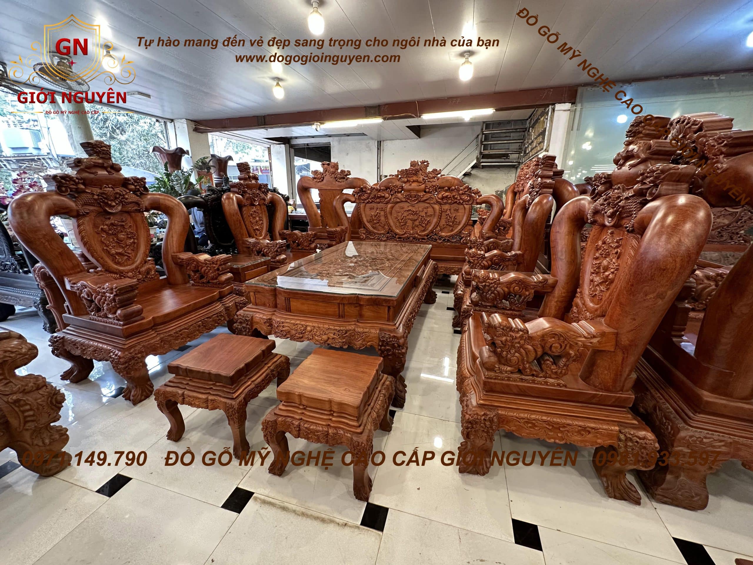 Bộ bàn ghế Nghê Bảo đỉnh tay 16 gỗ hương đá (1) Bộ bàn ghế Nghê Bảo đỉnh tay 16 gỗ hương đá