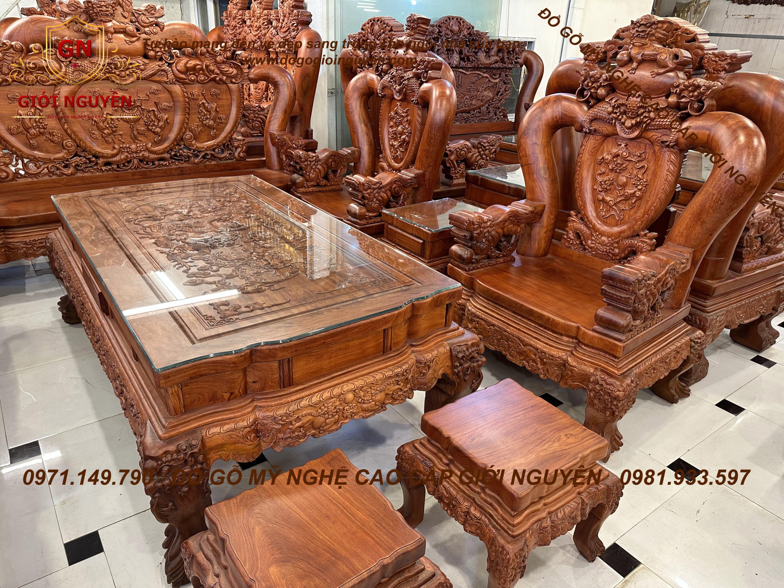 Bộ bàn ghế Nghê Bảo đỉnh tay 16 gỗ hương đá (4)