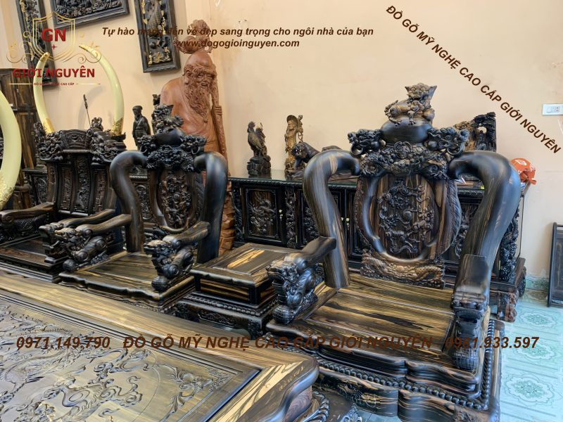 Bộ bàn ghế Nghê bảo đỉnh tay 14 gỗ mun hoa