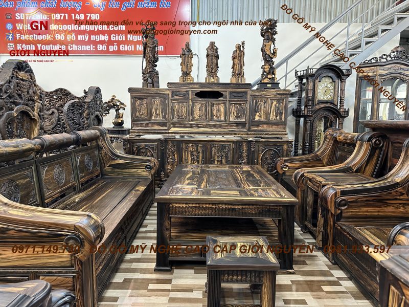 Bộ bàn ghế Tời Pháo gỗ mun hoa