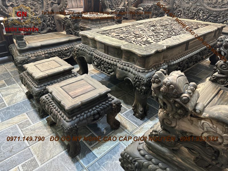 Bộ bàn ghế rồng đỉnh gỗ mun hoa