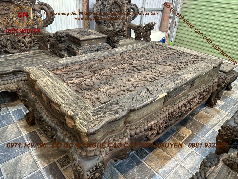 Bộ bàn ghế rồng đỉnh gỗ mun hoa