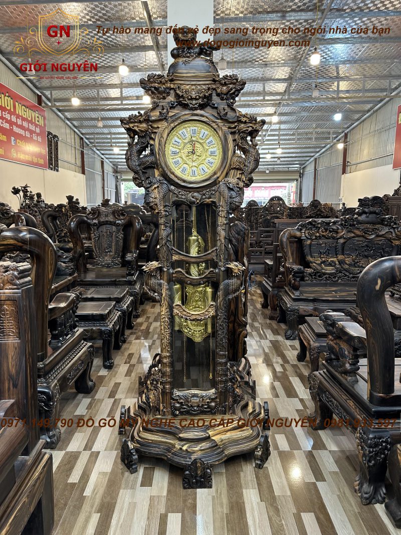 Đồng hồ tứ linh gỗ mun hoa 2m3