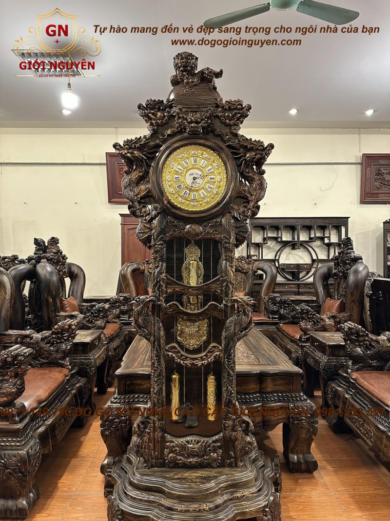 Đồng hồ tứ linh gỗ mun hoa