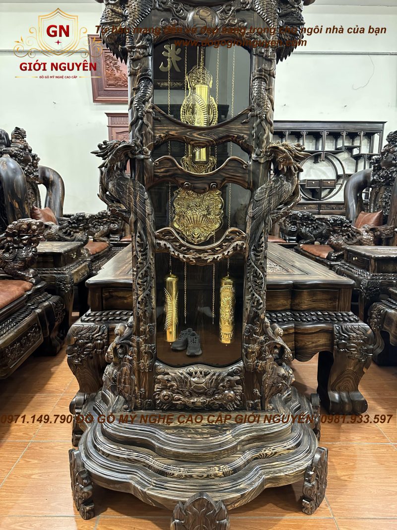 Đồng hồ tứ linh gỗ mun hoa