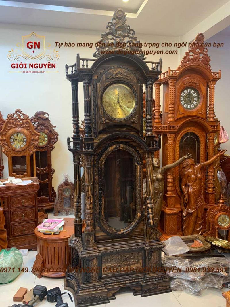 Đồng hồ tứ trụ gỗ mun hoa cao 2m4