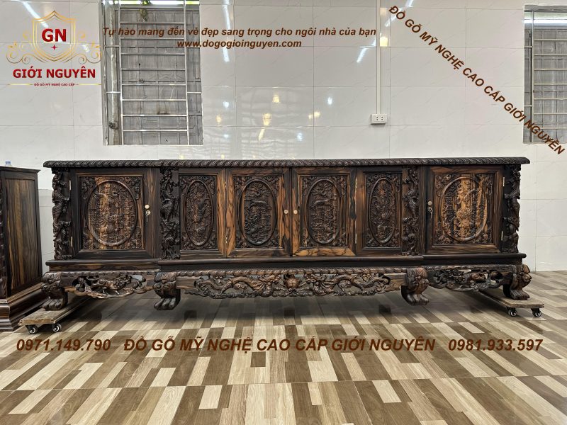 Kệ tivi đục rồng gỗ mun hoa